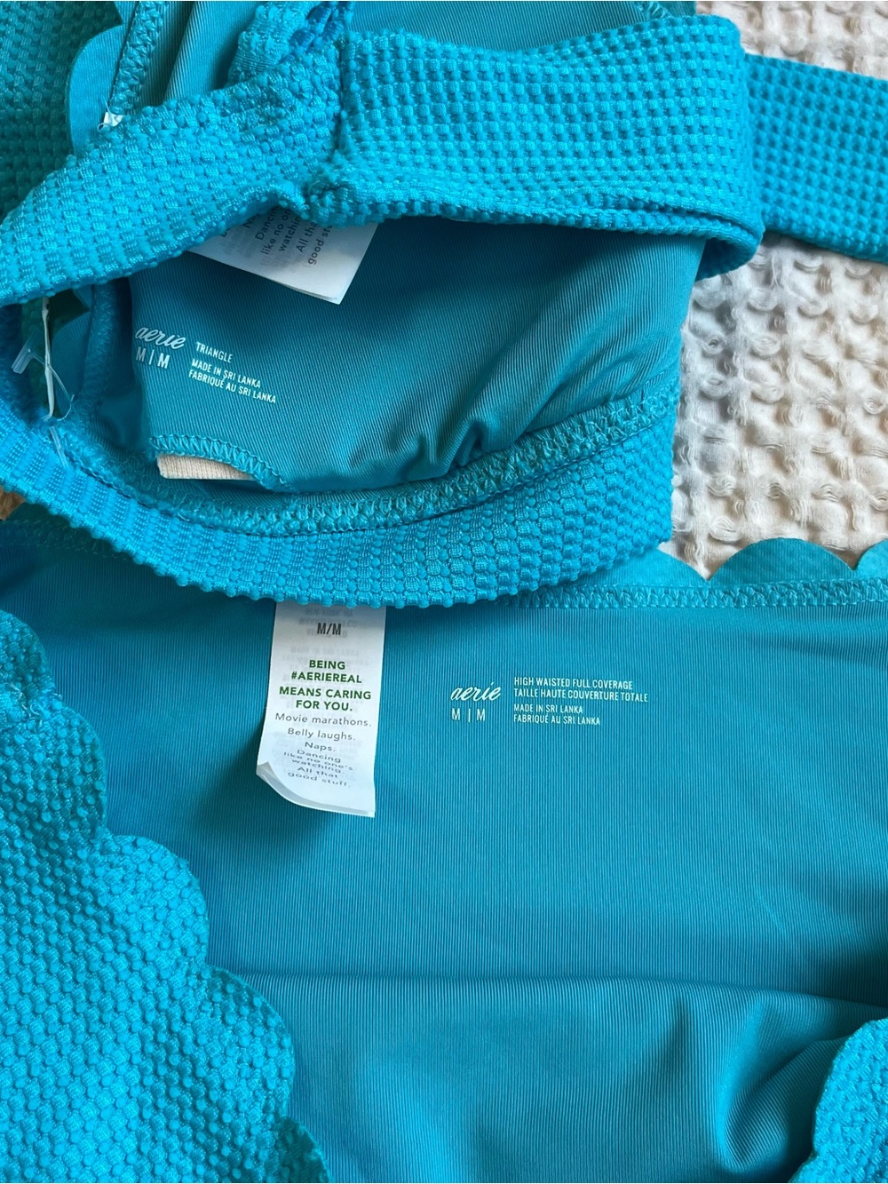 Aerie Teal Waffle Knit Scalloped Bikini Set V-Neck High Waisted Swimsuit Size M - Picture 2 of 4